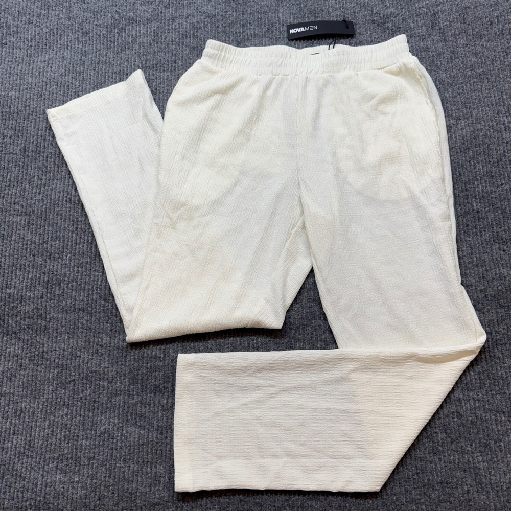 Boca Slim Pants White Textured Medium NWT Minimalist Quiet Luxury Novamen